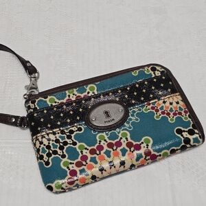 Fossil Wristlet Wallet Mandala Design Coated Multicolor Canvas Zip Around Boho